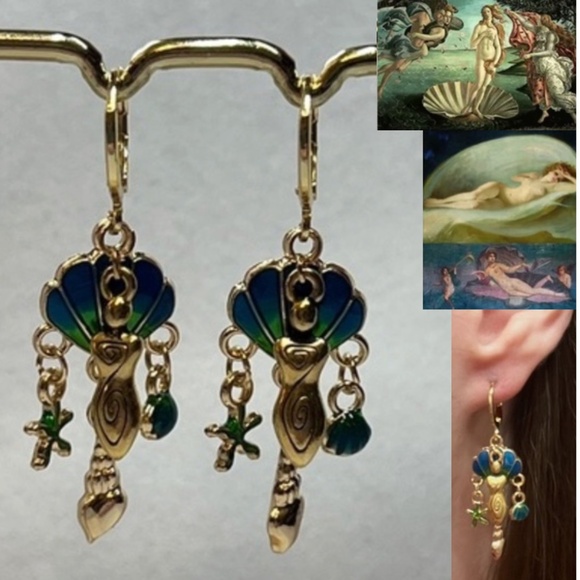 Hand Crafted Jewelry - “Birth of Venus" Aphrodite Greek Mythology Goddess Handmade Earrings Seashell